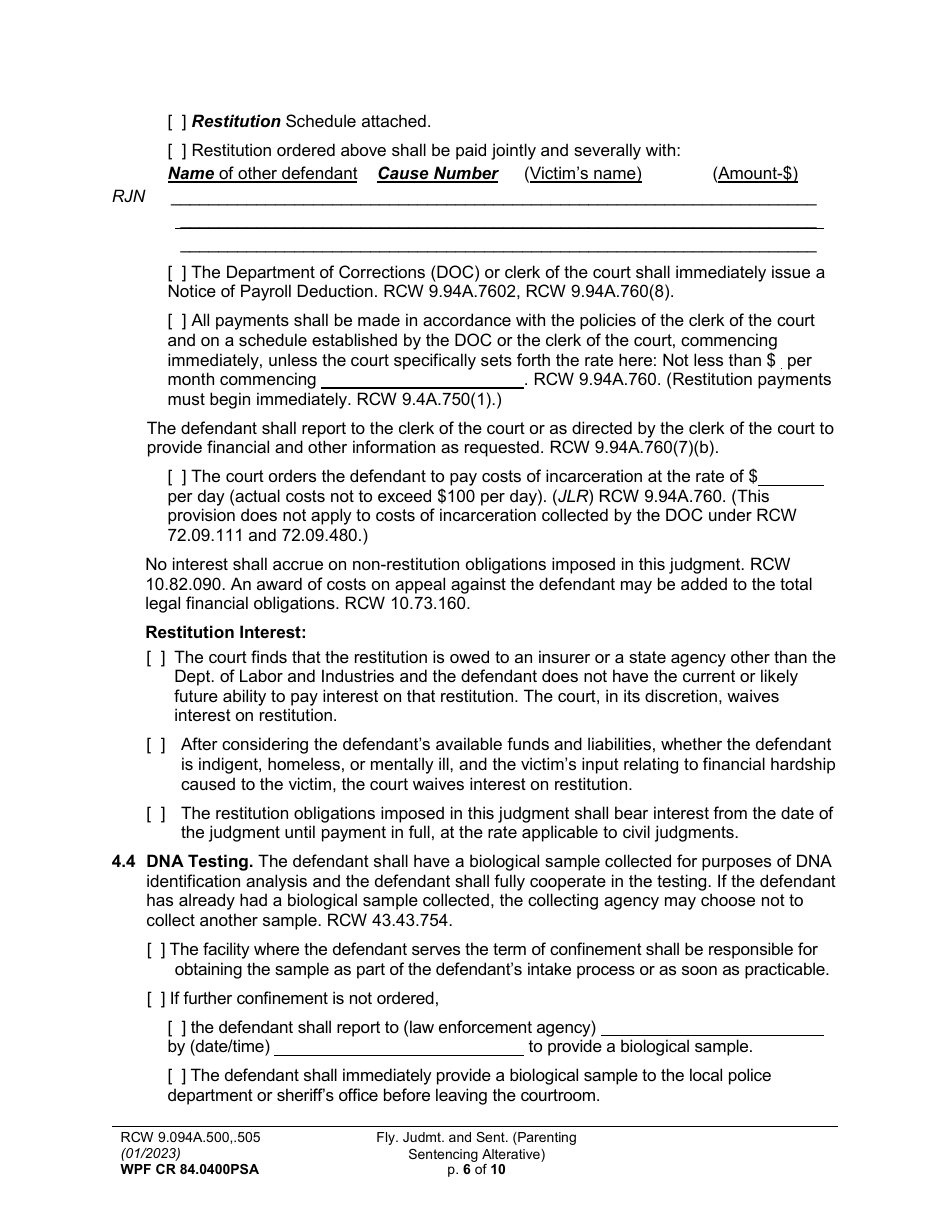 Form WPF CR84.0400 PSA Felony Judgment and Sentence - Parenting Sentencing Alternative (Fjs) - Washington, Page 6