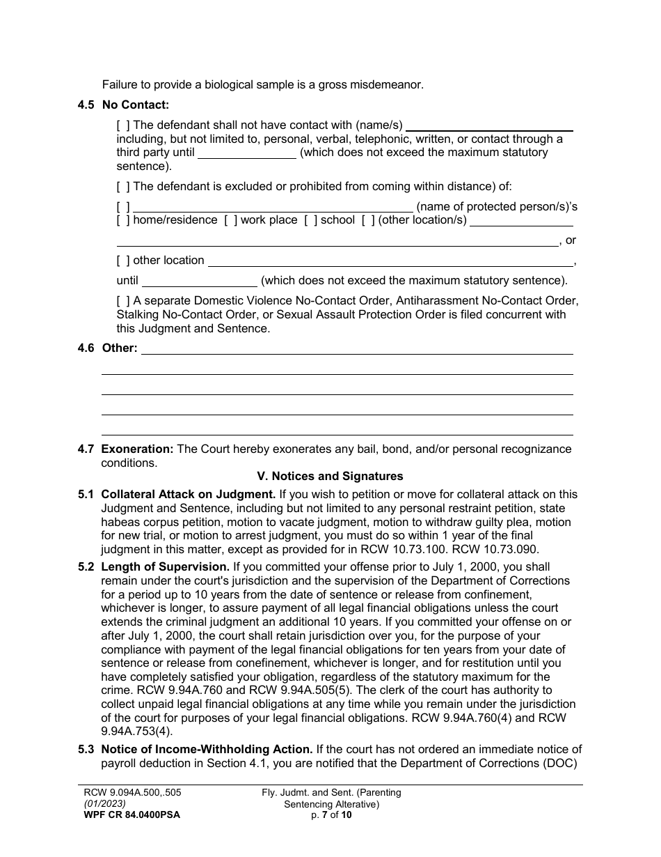 Form WPF CR84.0400 PSA Felony Judgment and Sentence - Parenting Sentencing Alternative (Fjs) - Washington, Page 7