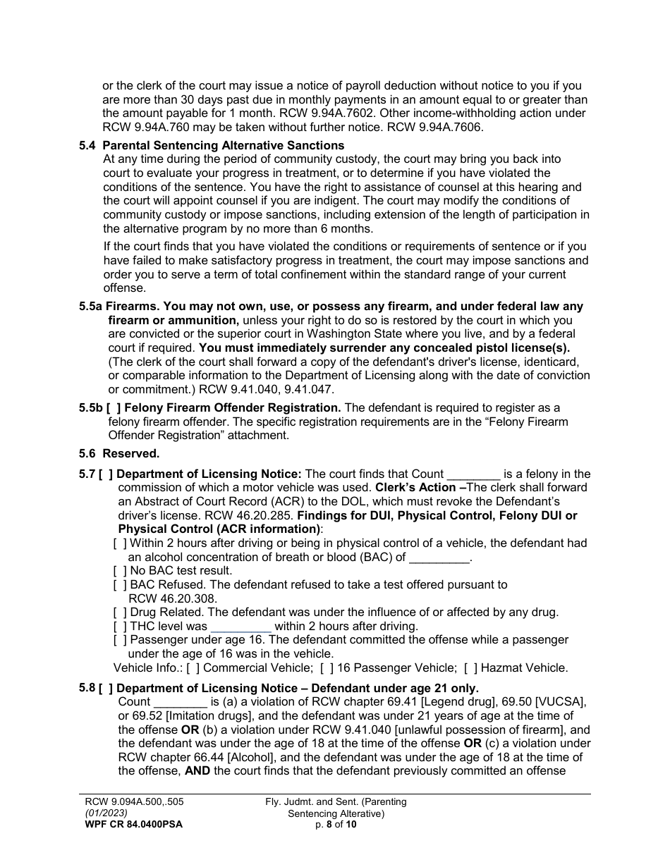 Form WPF CR84.0400 PSA Felony Judgment and Sentence - Parenting Sentencing Alternative (Fjs) - Washington, Page 8