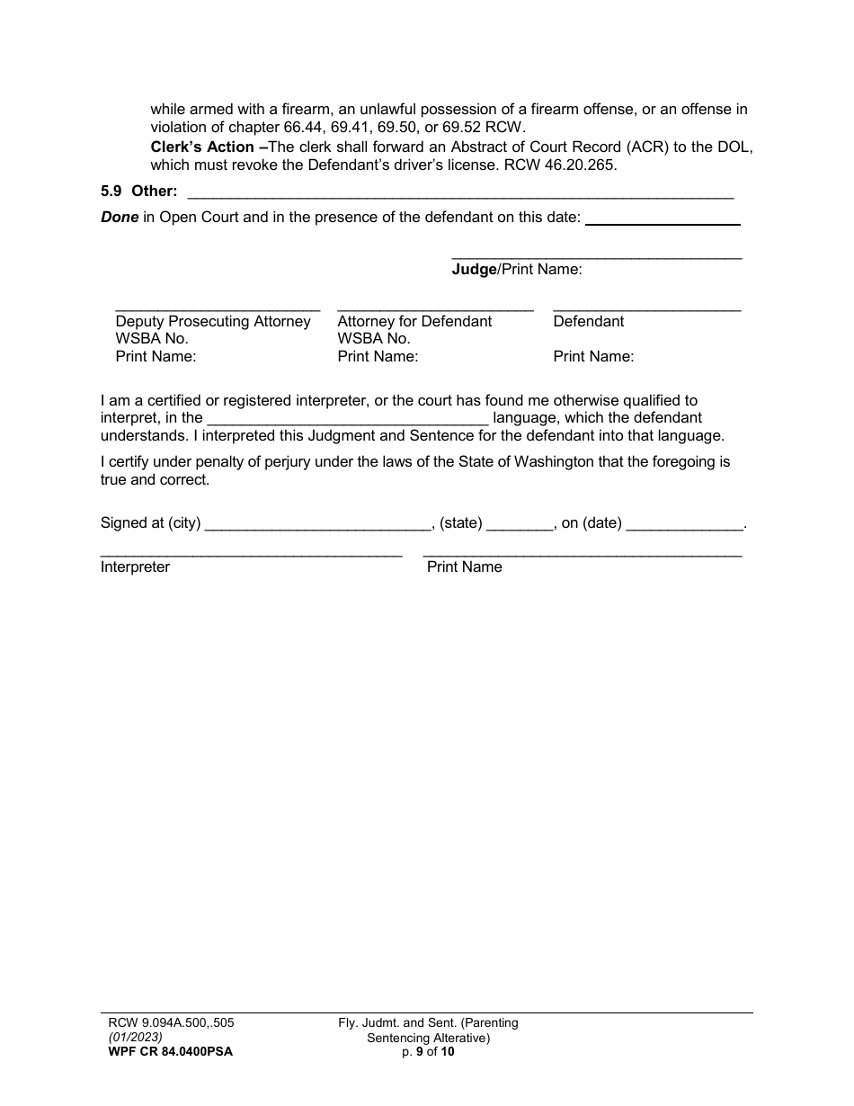 Form WPF CR84.0400 PSA Felony Judgment and Sentence - Parenting Sentencing Alternative (Fjs) - Washington, Page 9