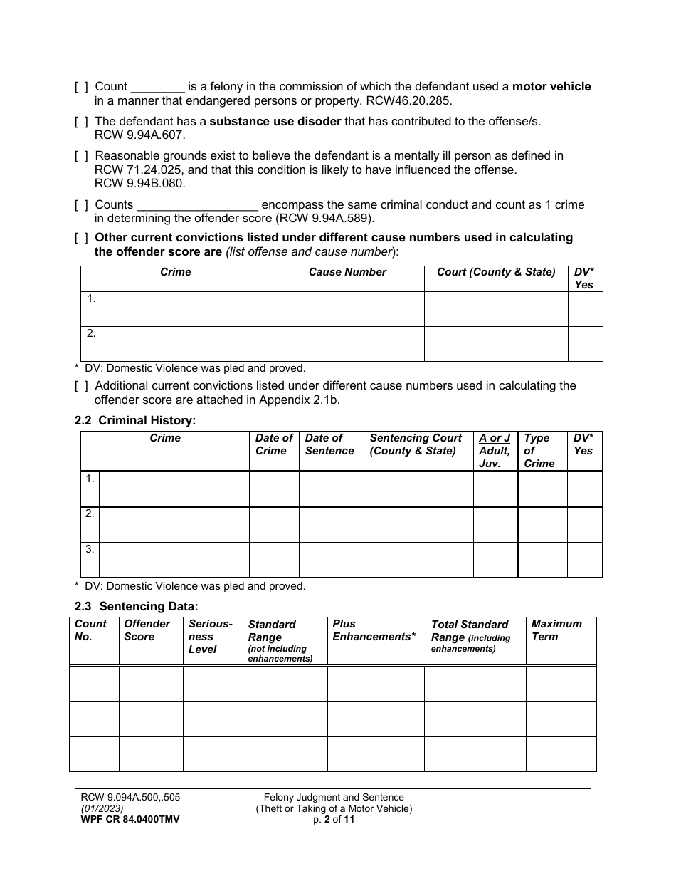 Form WPF CR84.0400 TMV Felony Judgment and Sentence - Theft or Taking of a Motor Vehicle - Washington, Page 2