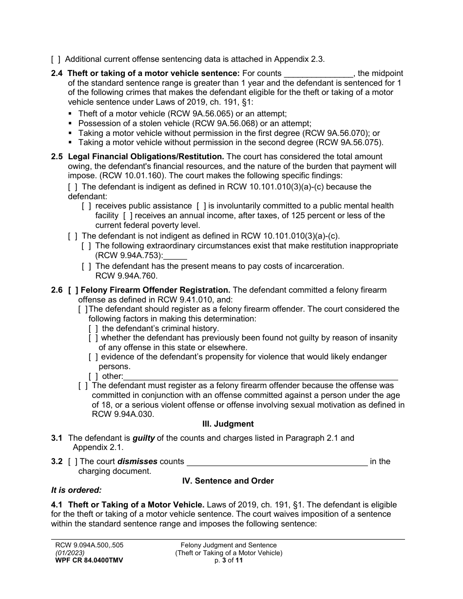 Form WPF CR84.0400 TMV Felony Judgment and Sentence - Theft or Taking of a Motor Vehicle - Washington, Page 3
