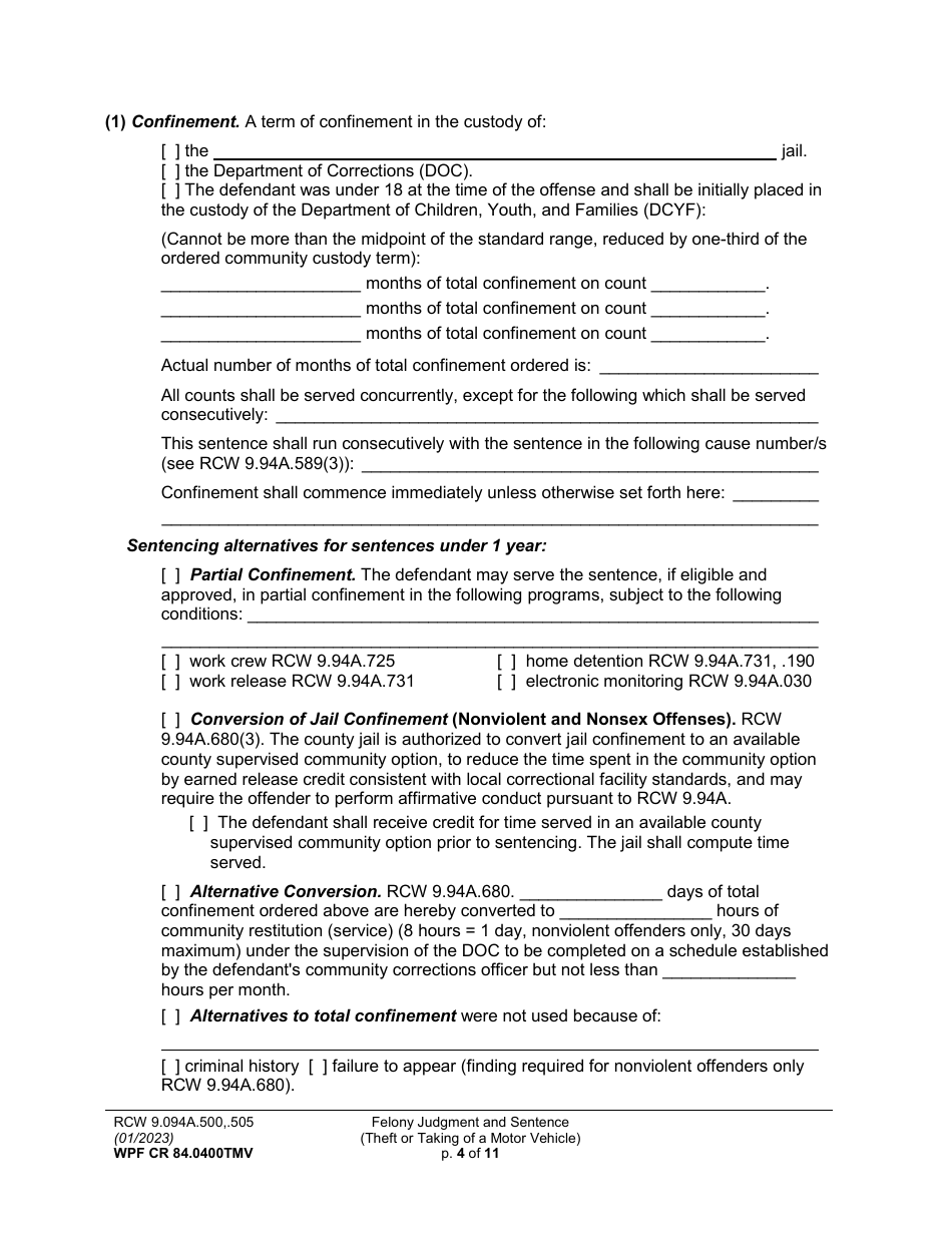 Form WPF CR84.0400 TMV Felony Judgment and Sentence - Theft or Taking of a Motor Vehicle - Washington, Page 4