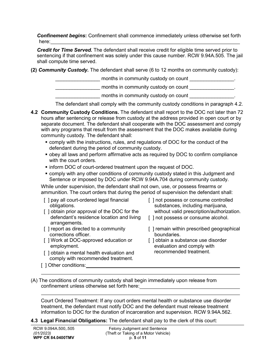 Form WPF CR84.0400 TMV Felony Judgment and Sentence - Theft or Taking of a Motor Vehicle - Washington, Page 5