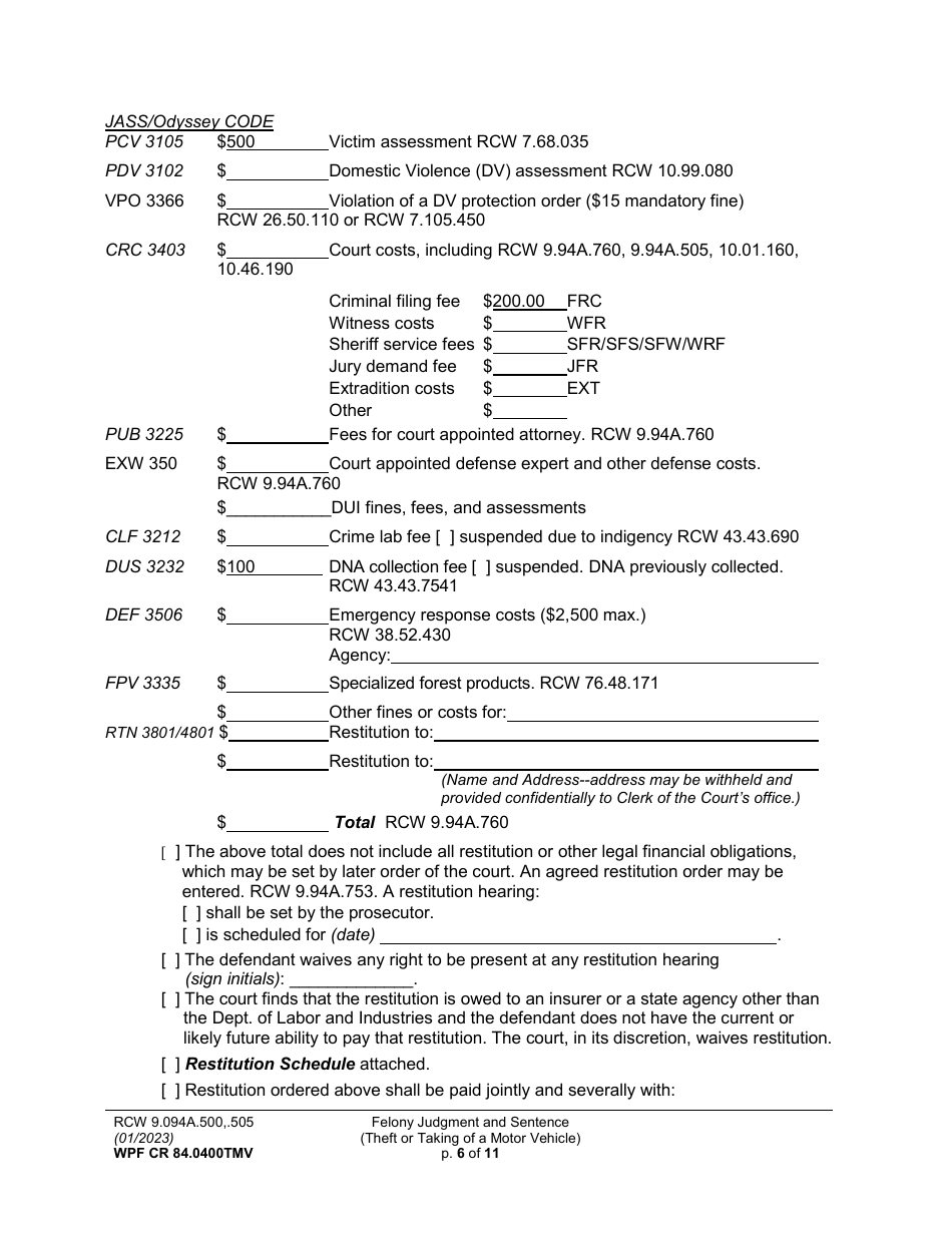 Form WPF CR84.0400 TMV Felony Judgment and Sentence - Theft or Taking of a Motor Vehicle - Washington, Page 6