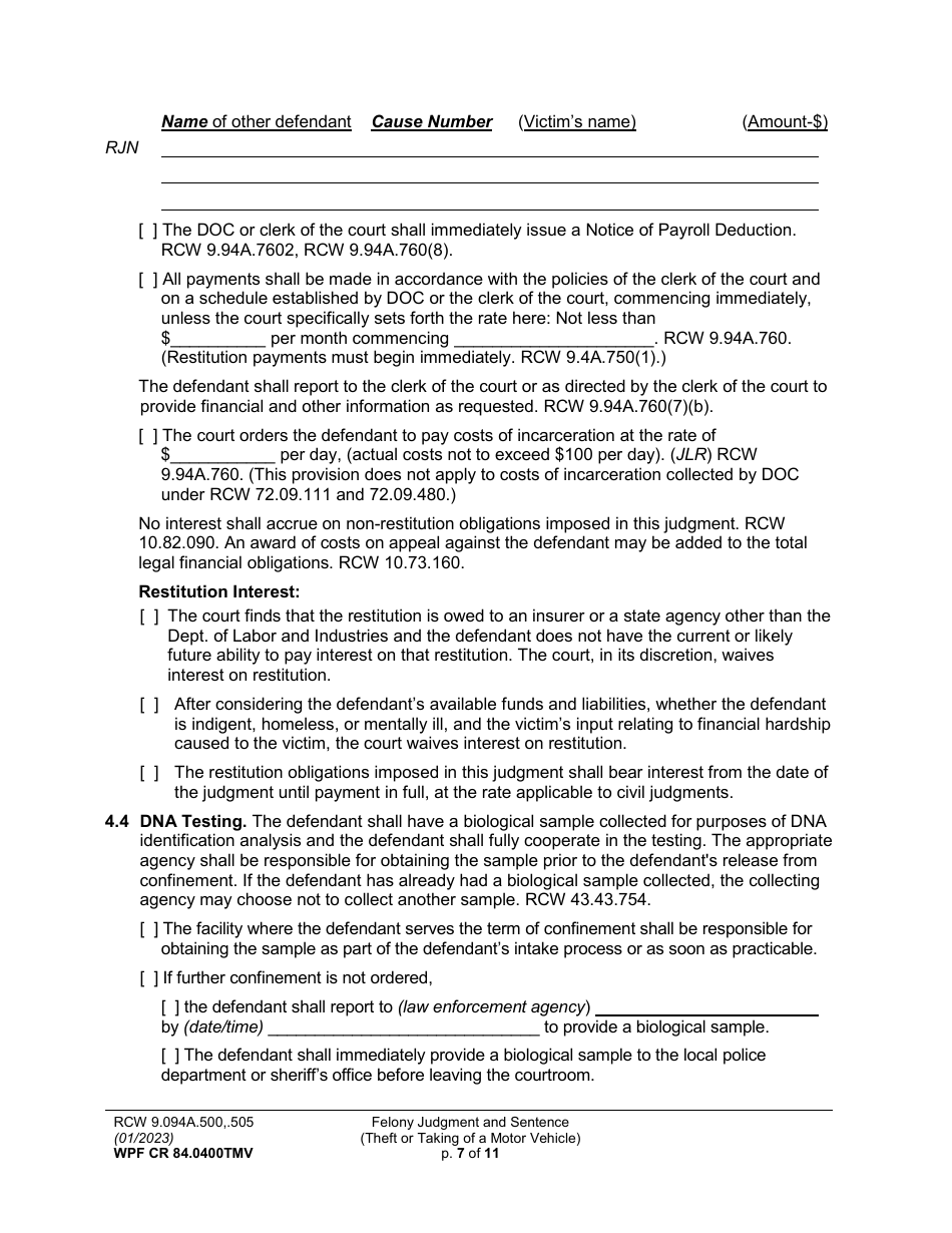 Form WPF CR84.0400 TMV Felony Judgment and Sentence - Theft or Taking of a Motor Vehicle - Washington, Page 7