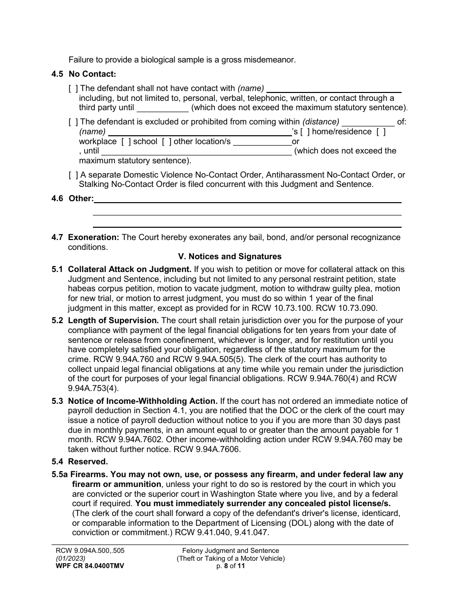 Form WPF CR84.0400 TMV Felony Judgment and Sentence - Theft or Taking of a Motor Vehicle - Washington, Page 8