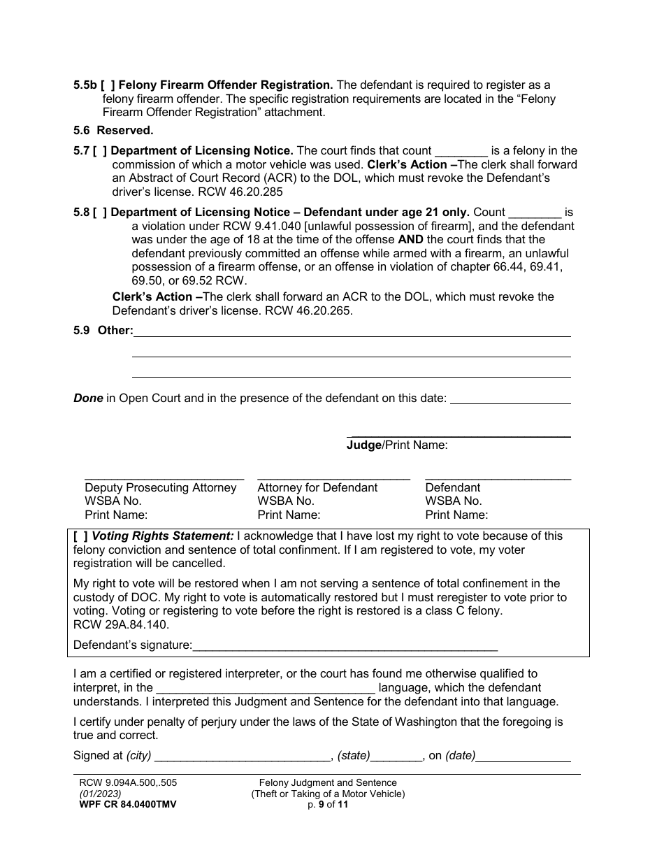 Form WPF CR84.0400 TMV Felony Judgment and Sentence - Theft or Taking of a Motor Vehicle - Washington, Page 9