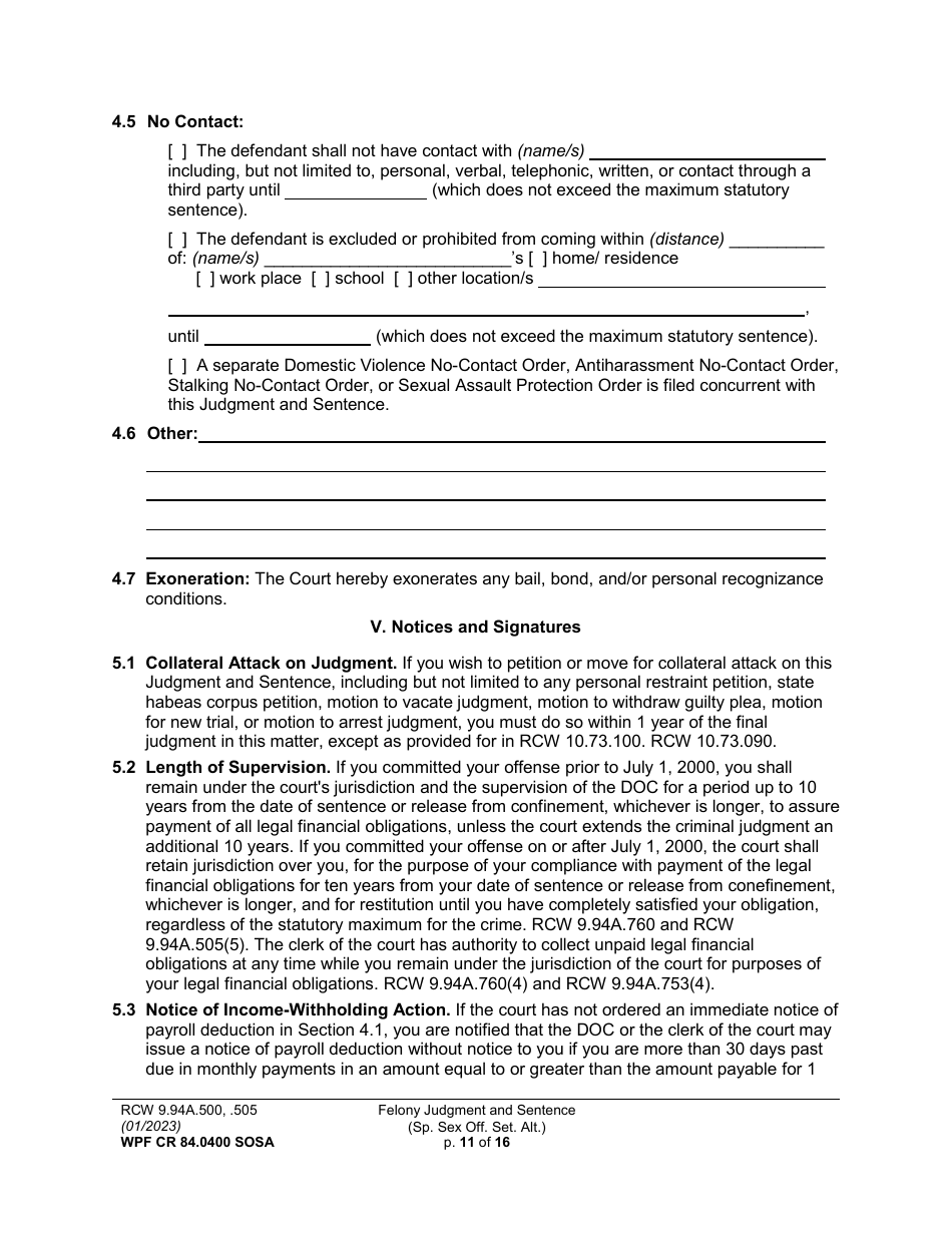 Form WPF CR84.0400 SOSA Felony Judgment and Sentence - Special Sex Offender Sentencing Alternative - Washington, Page 11