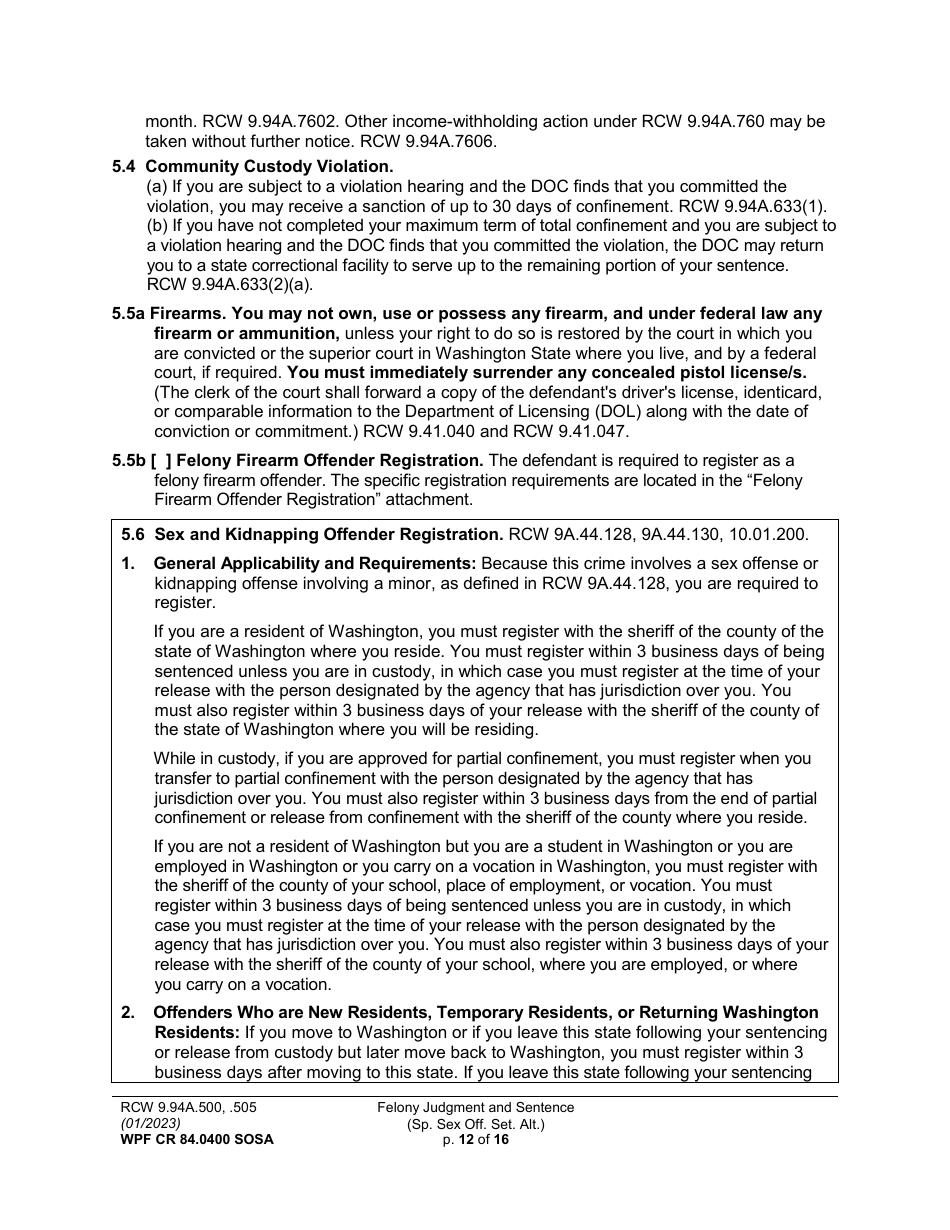 Form WPF CR84.0400 SOSA Felony Judgment and Sentence - Special Sex Offender Sentencing Alternative - Washington, Page 12