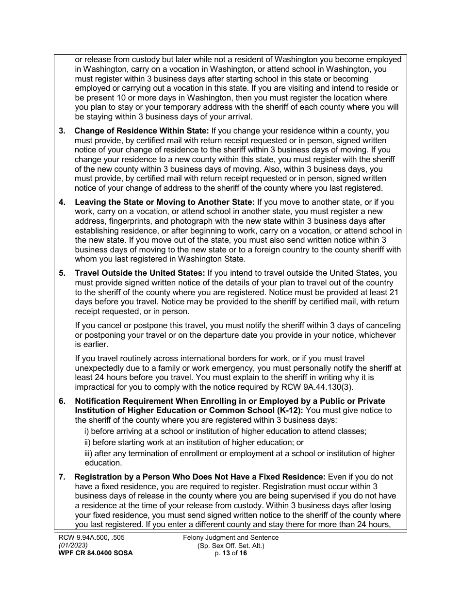 Form WPF CR84.0400 SOSA Felony Judgment and Sentence - Special Sex Offender Sentencing Alternative - Washington, Page 13