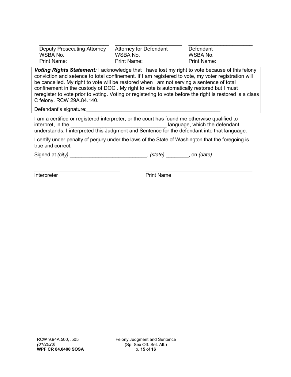Form WPF CR84.0400 SOSA Felony Judgment and Sentence - Special Sex Offender Sentencing Alternative - Washington, Page 15