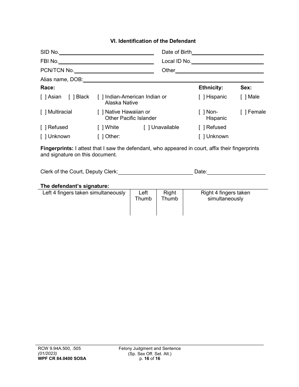 Form WPF CR84.0400 SOSA Felony Judgment and Sentence - Special Sex Offender Sentencing Alternative - Washington, Page 16
