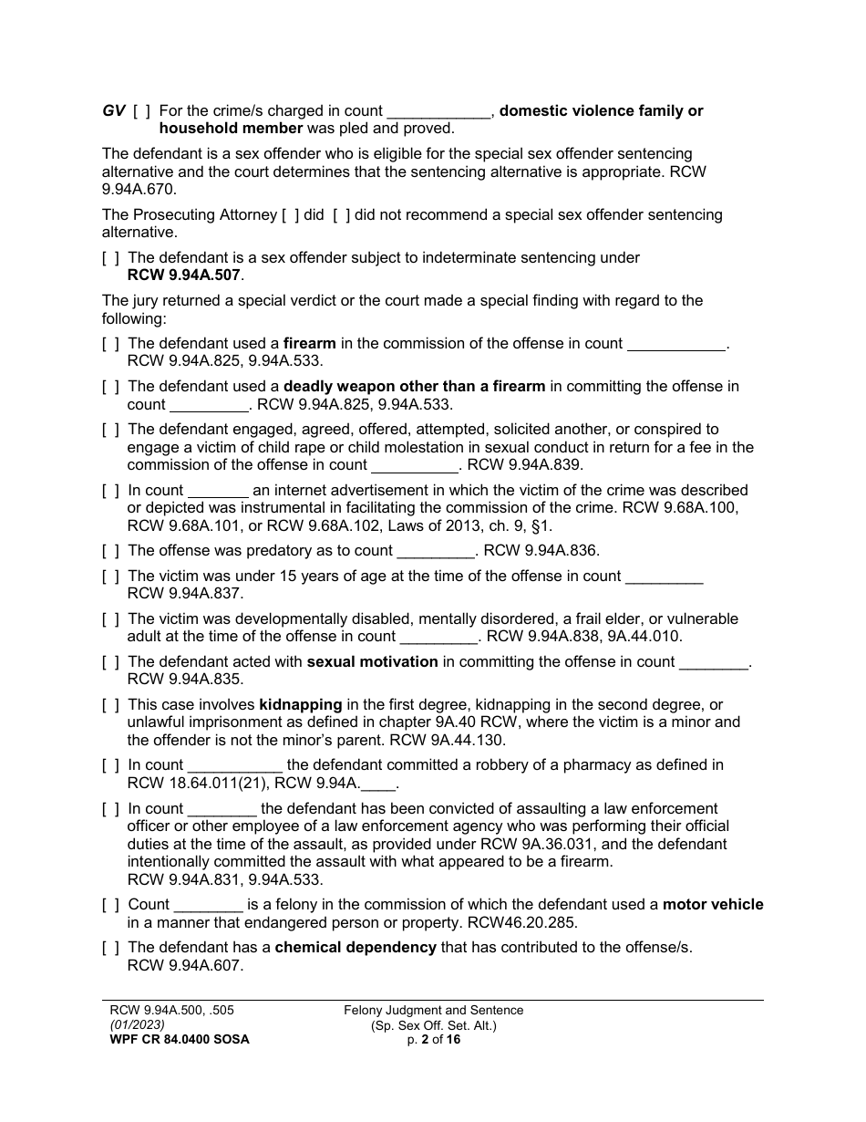Form WPF CR84.0400 SOSA Felony Judgment and Sentence - Special Sex Offender Sentencing Alternative - Washington, Page 2