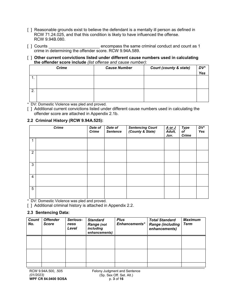 Form WPF CR84.0400 SOSA Felony Judgment and Sentence - Special Sex Offender Sentencing Alternative - Washington, Page 3