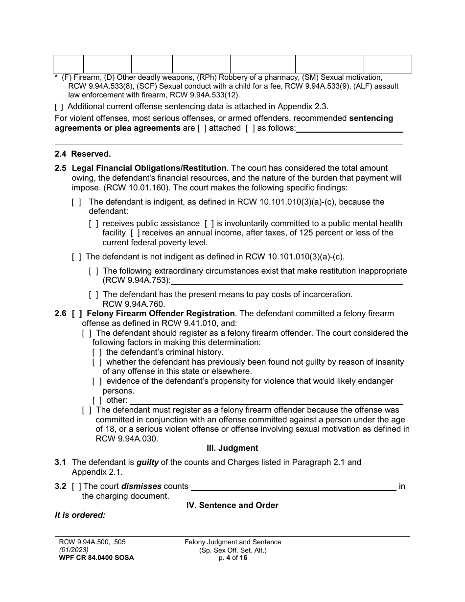 Form WPF CR84.0400 SOSA Felony Judgment and Sentence - Special Sex Offender Sentencing Alternative - Washington, Page 4
