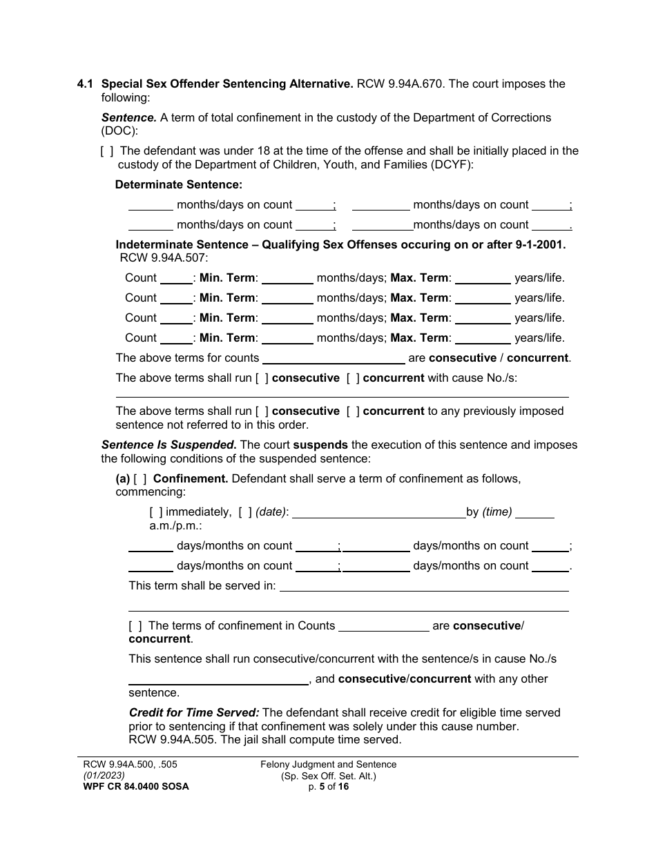 Form WPF CR84.0400 SOSA Felony Judgment and Sentence - Special Sex Offender Sentencing Alternative - Washington, Page 5