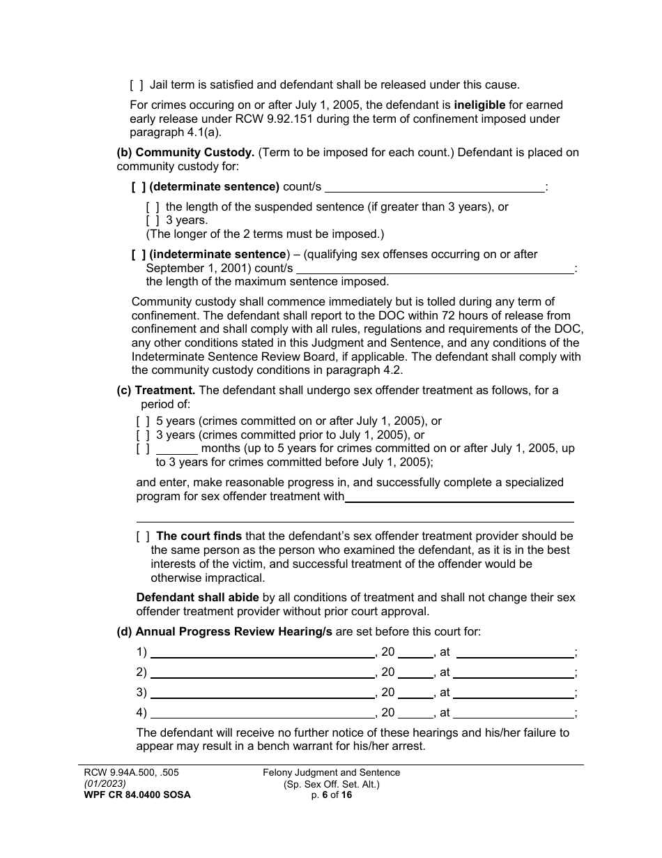 Form WPF CR84.0400 SOSA Felony Judgment and Sentence - Special Sex Offender Sentencing Alternative - Washington, Page 6