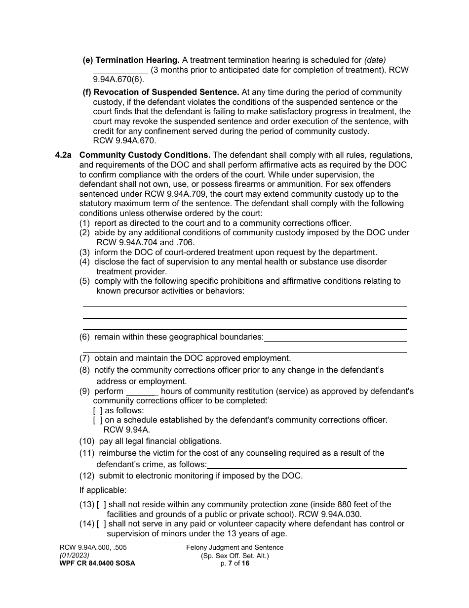 Form WPF CR84.0400 SOSA Felony Judgment and Sentence - Special Sex Offender Sentencing Alternative - Washington, Page 7