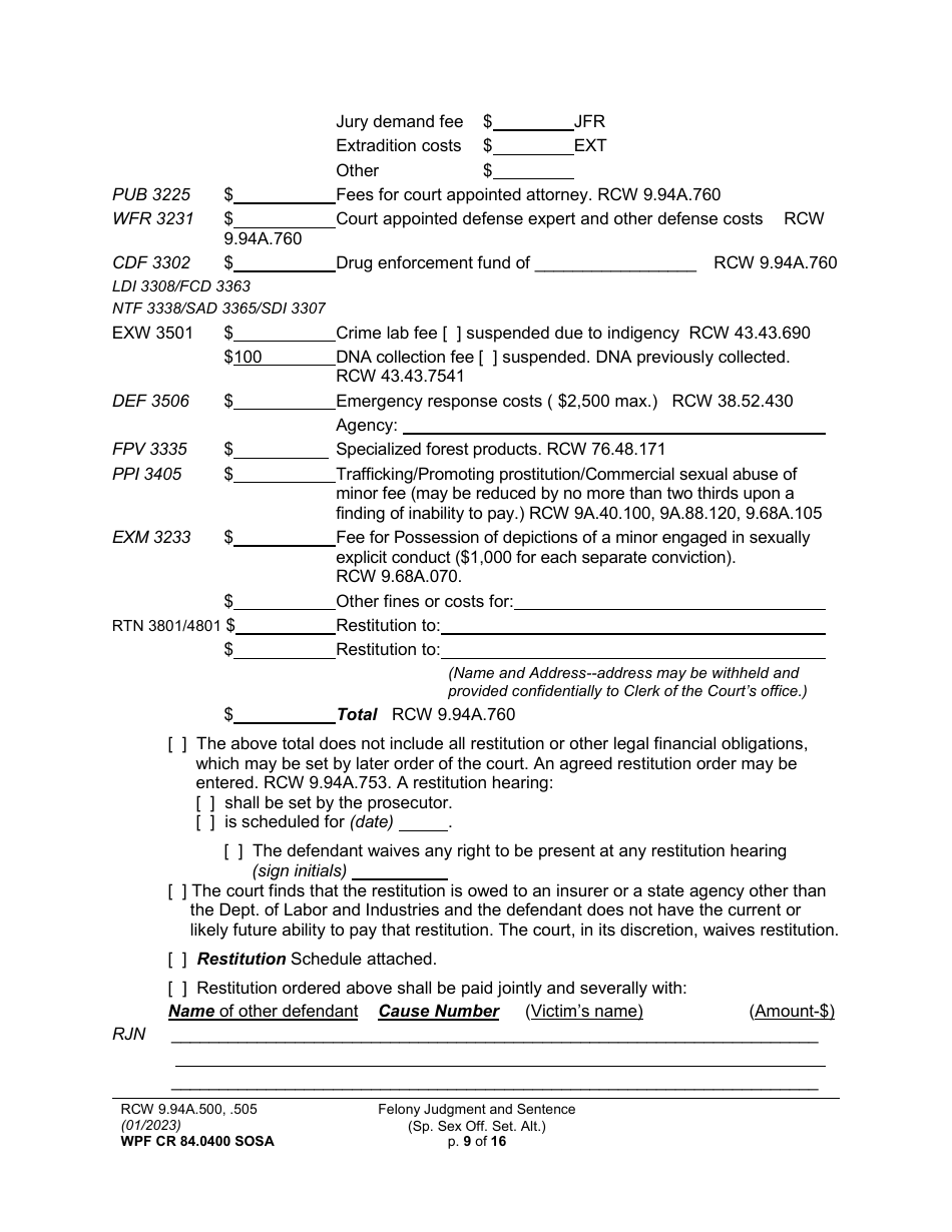 Form WPF CR84.0400 SOSA Felony Judgment and Sentence - Special Sex Offender Sentencing Alternative - Washington, Page 9