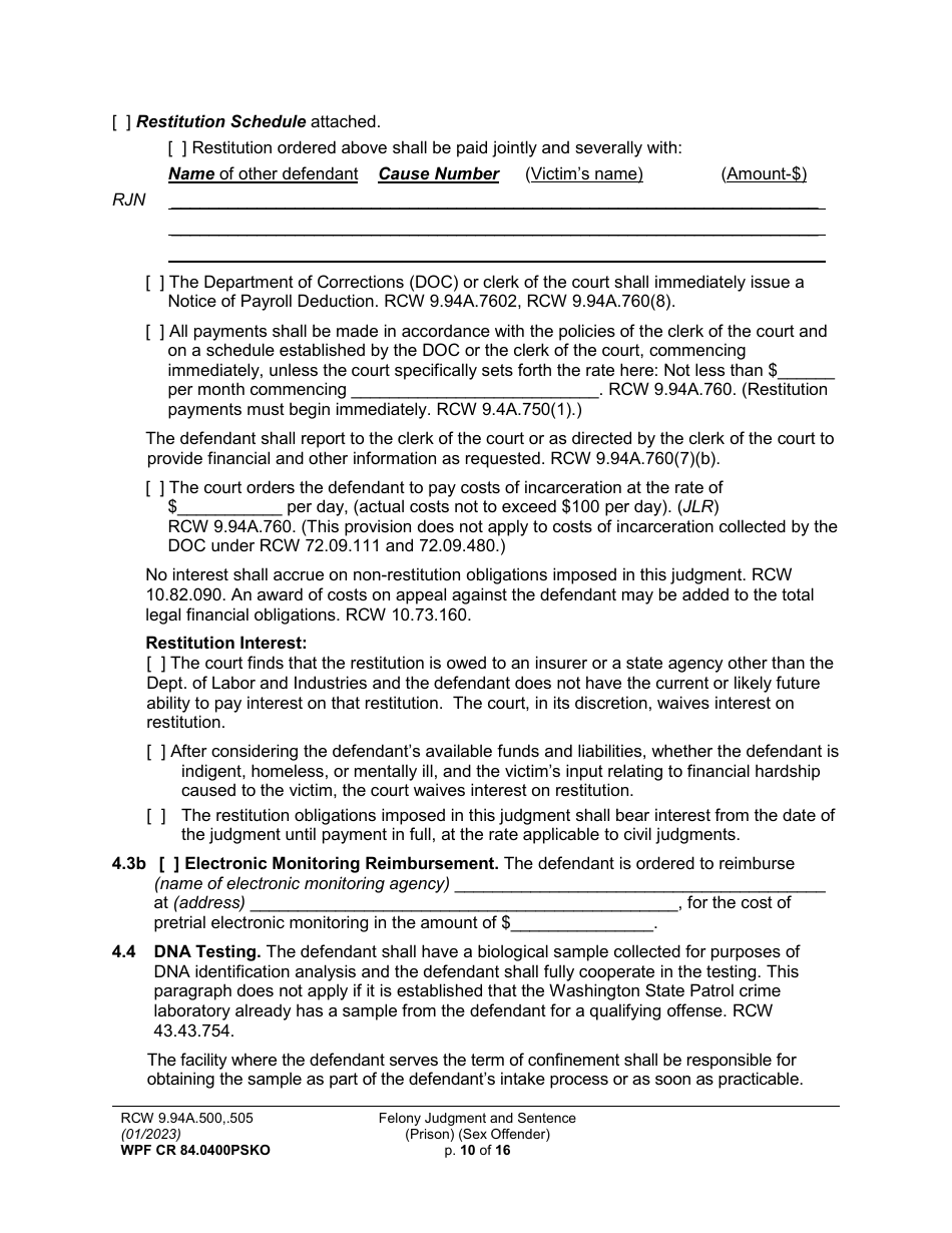Form WPF CR84.0400 PSKO Felony Judgment and Sentence - Prison (Sex Offense and Kidnapping of a Minor) - Washington, Page 10