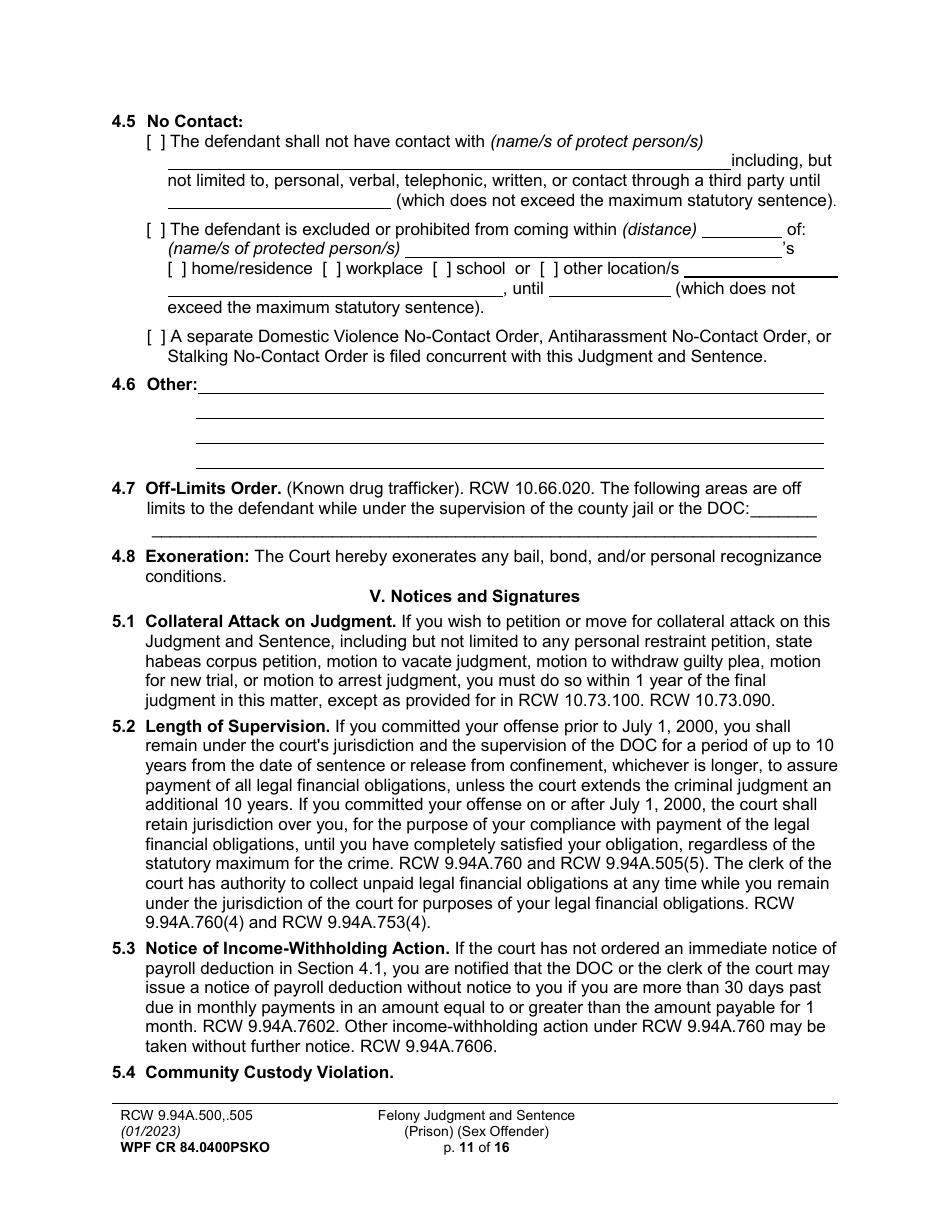 Form WPF CR84.0400 PSKO Felony Judgment and Sentence - Prison (Sex Offense and Kidnapping of a Minor) - Washington, Page 11