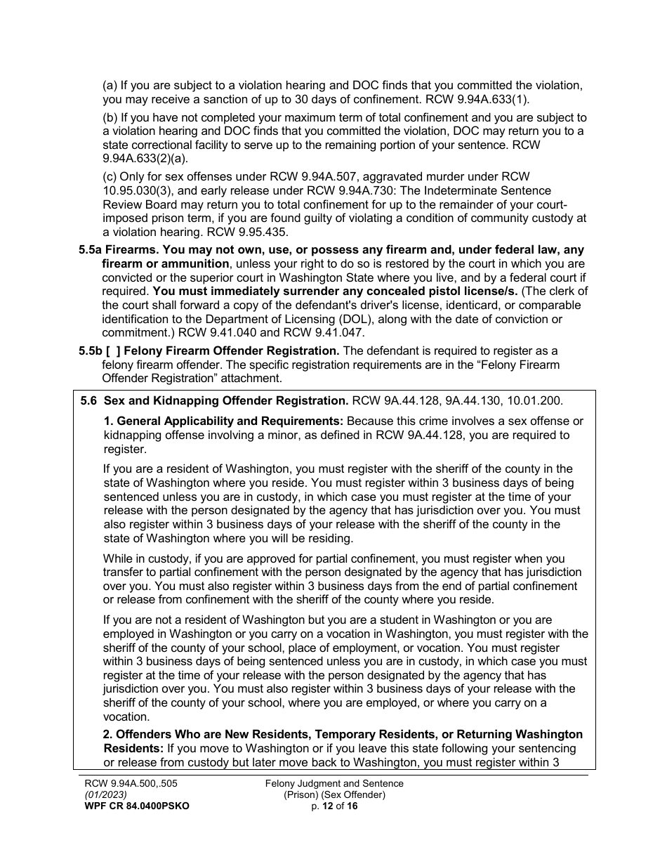 Form WPF CR84.0400 PSKO Felony Judgment and Sentence - Prison (Sex Offense and Kidnapping of a Minor) - Washington, Page 12