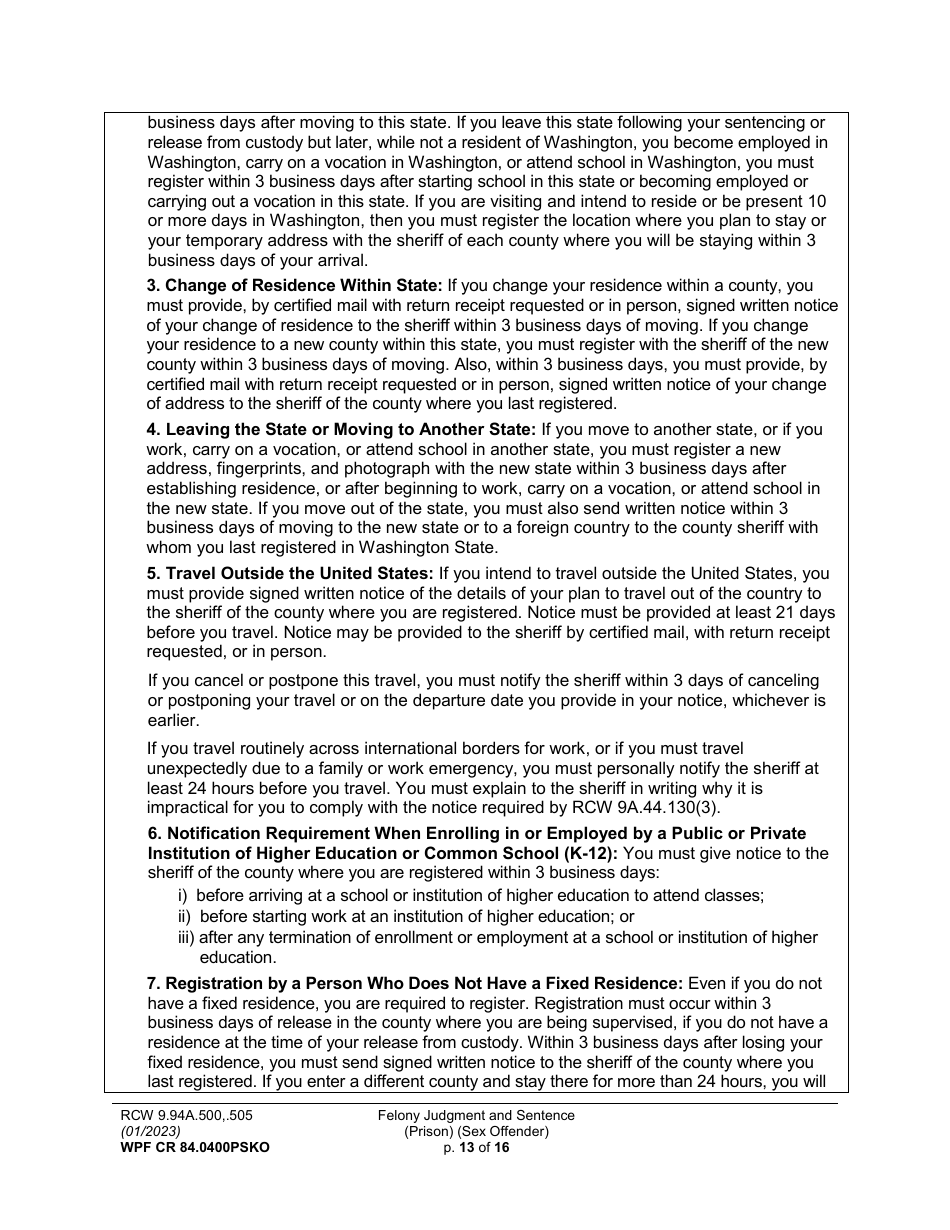Form WPF CR84.0400 PSKO Felony Judgment and Sentence - Prison (Sex Offense and Kidnapping of a Minor) - Washington, Page 13