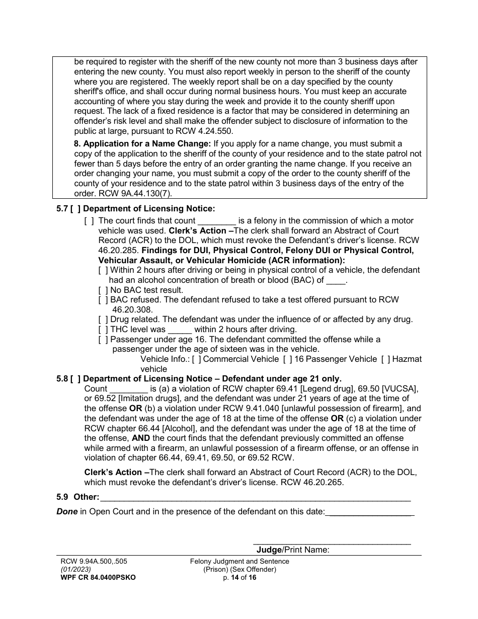 Form WPF CR84.0400 PSKO Felony Judgment and Sentence - Prison (Sex Offense and Kidnapping of a Minor) - Washington, Page 14