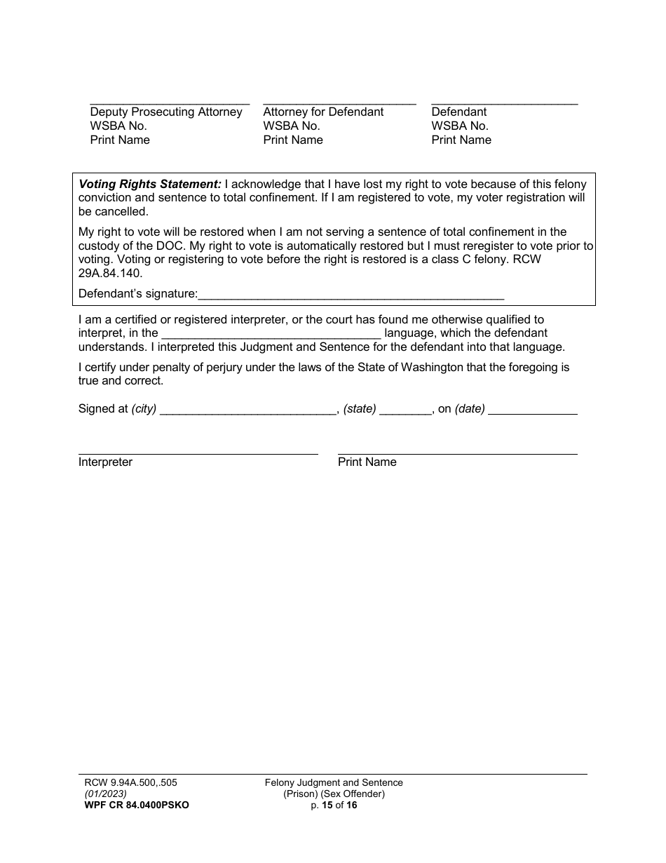 Form WPF CR84.0400 PSKO Felony Judgment and Sentence - Prison (Sex Offense and Kidnapping of a Minor) - Washington, Page 15