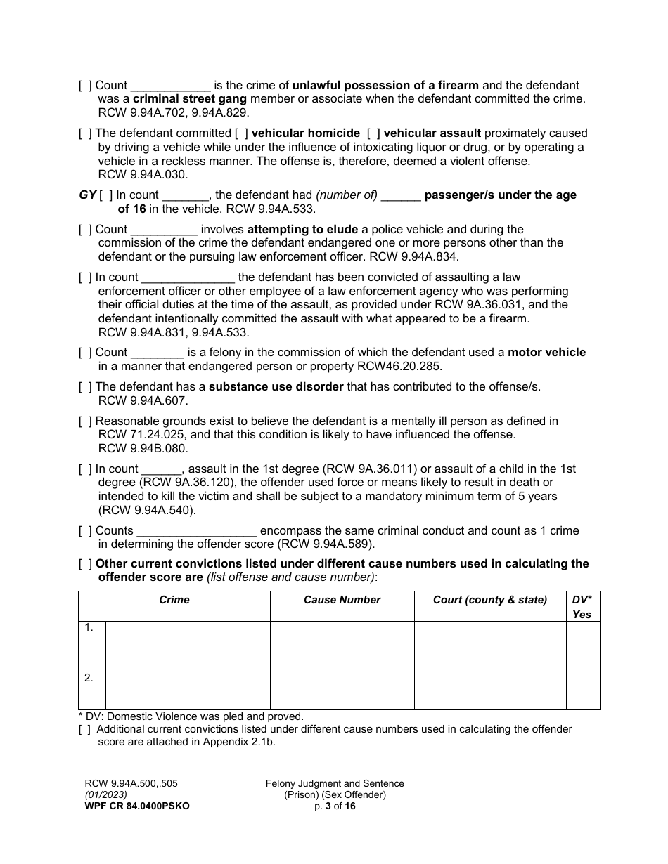 Form WPF CR84.0400 PSKO Felony Judgment and Sentence - Prison (Sex Offense and Kidnapping of a Minor) - Washington, Page 3