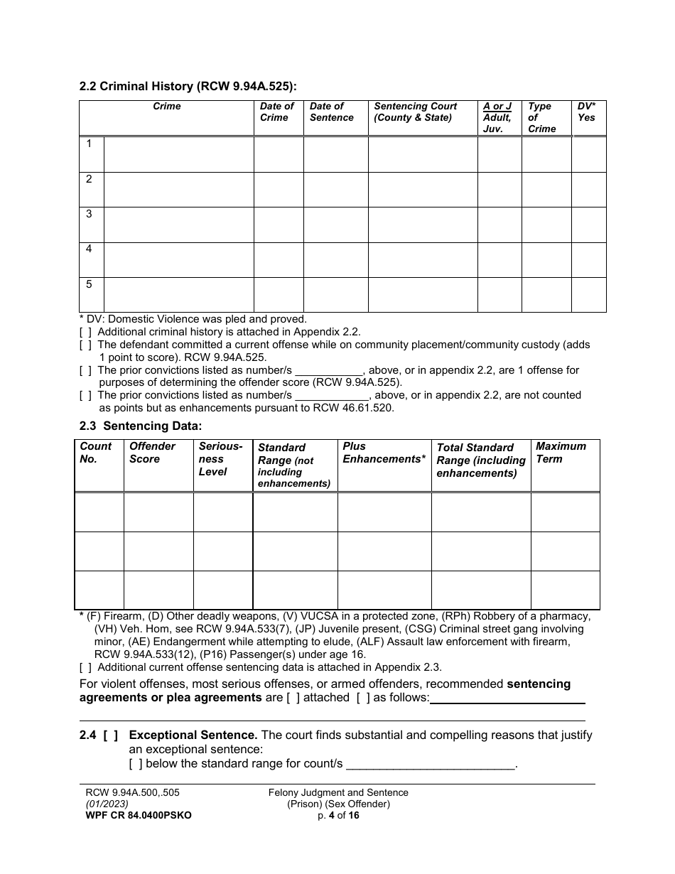 Form WPF CR84.0400 PSKO Felony Judgment and Sentence - Prison (Sex Offense and Kidnapping of a Minor) - Washington, Page 4