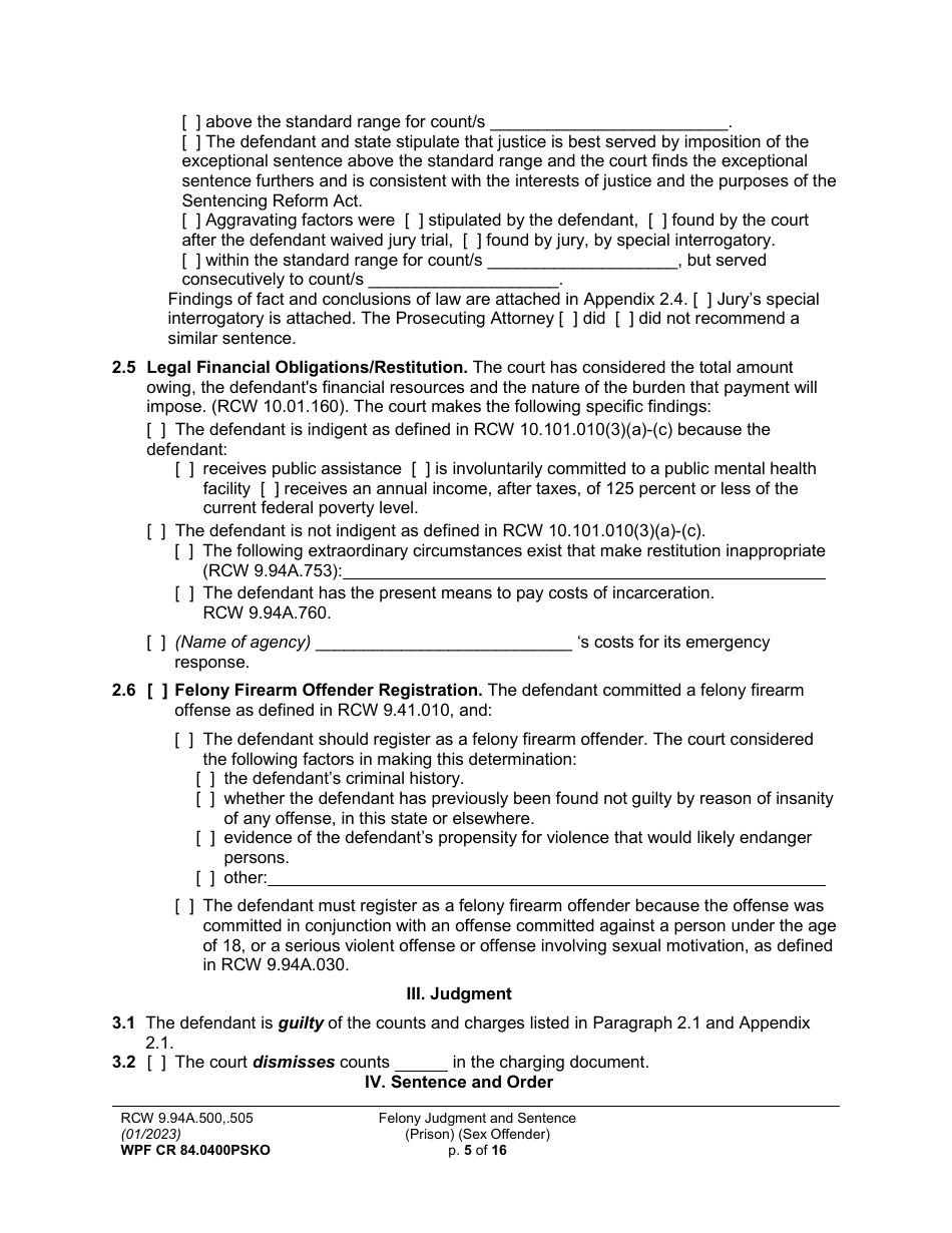 Form WPF CR84.0400 PSKO Felony Judgment and Sentence - Prison (Sex Offense and Kidnapping of a Minor) - Washington, Page 5