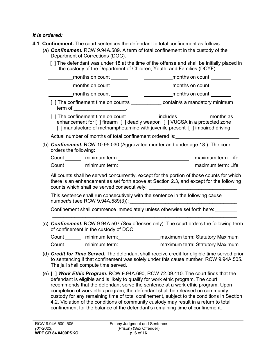 Form WPF CR84.0400 PSKO Felony Judgment and Sentence - Prison (Sex Offense and Kidnapping of a Minor) - Washington, Page 6