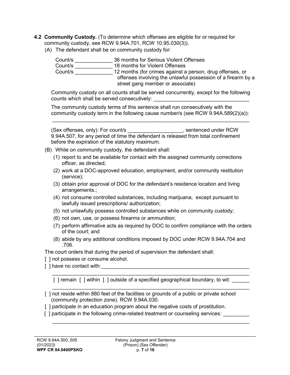 Form WPF CR84.0400 PSKO Felony Judgment and Sentence - Prison (Sex Offense and Kidnapping of a Minor) - Washington, Page 7