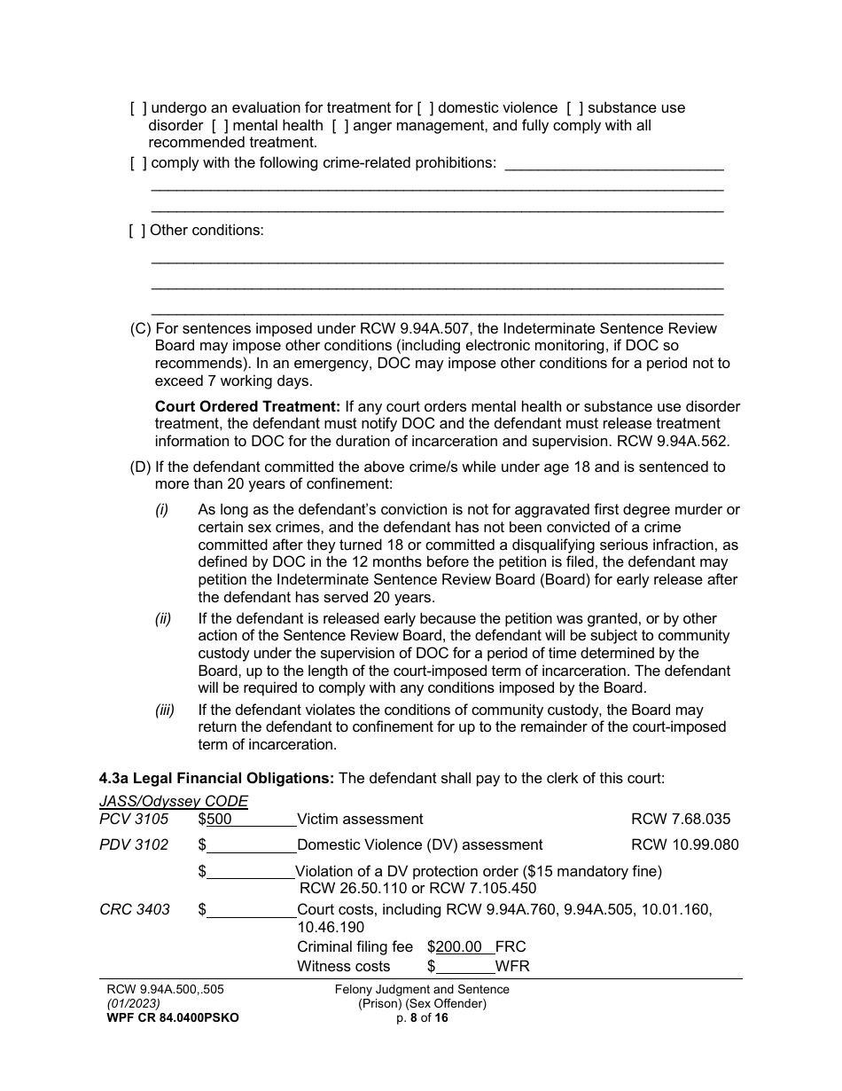 Form WPF CR84.0400 PSKO Felony Judgment and Sentence - Prison (Sex Offense and Kidnapping of a Minor) - Washington, Page 8