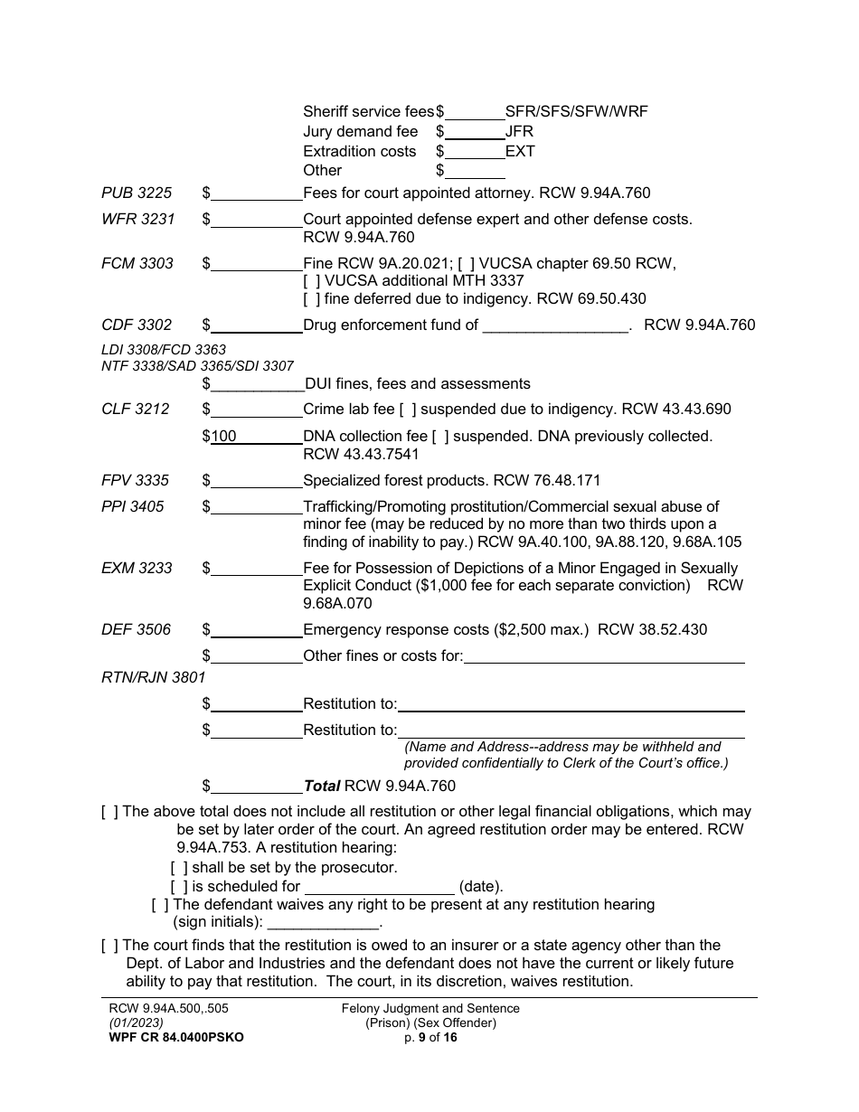 Form WPF CR84.0400 PSKO Felony Judgment and Sentence - Prison (Sex Offense and Kidnapping of a Minor) - Washington, Page 9