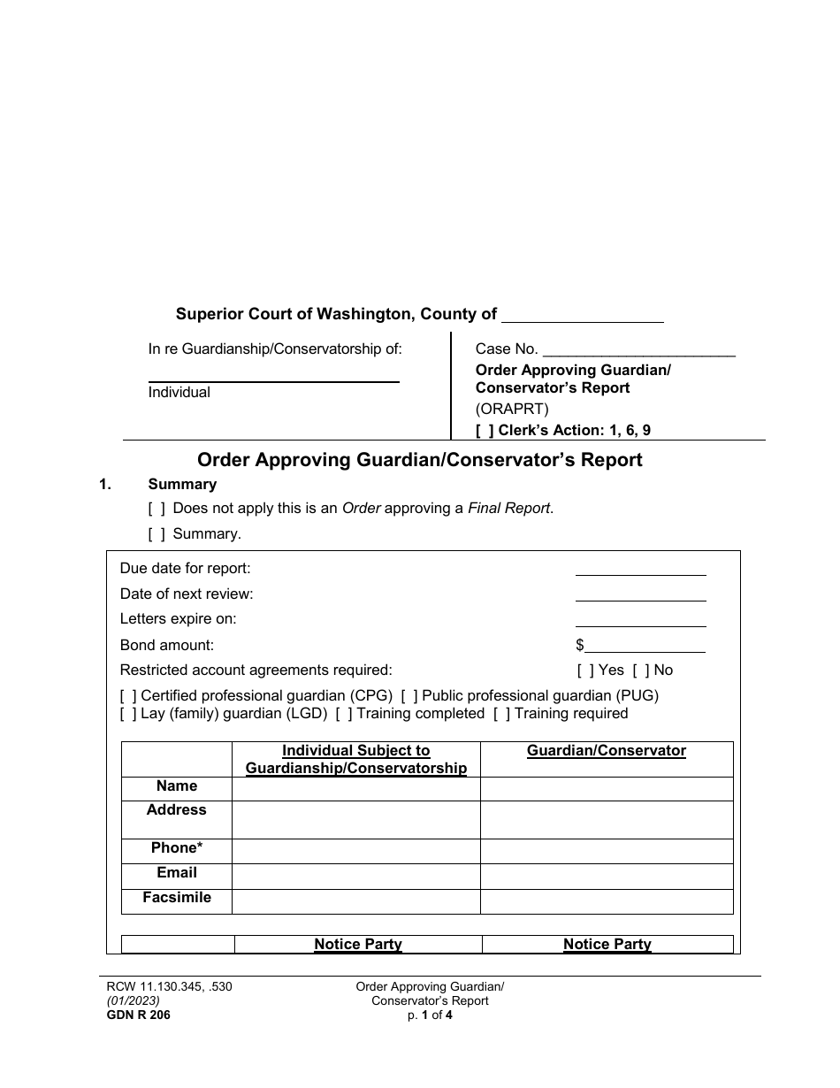 Form GDN R206 Order Approving Guardian / Conservators Report - Washington, Page 1