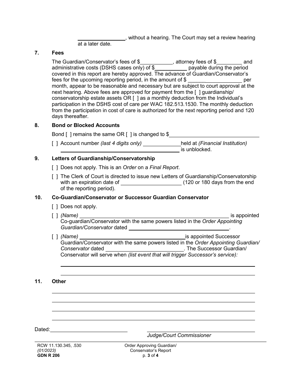 Form GDN R206 Order Approving Guardian / Conservators Report - Washington, Page 3