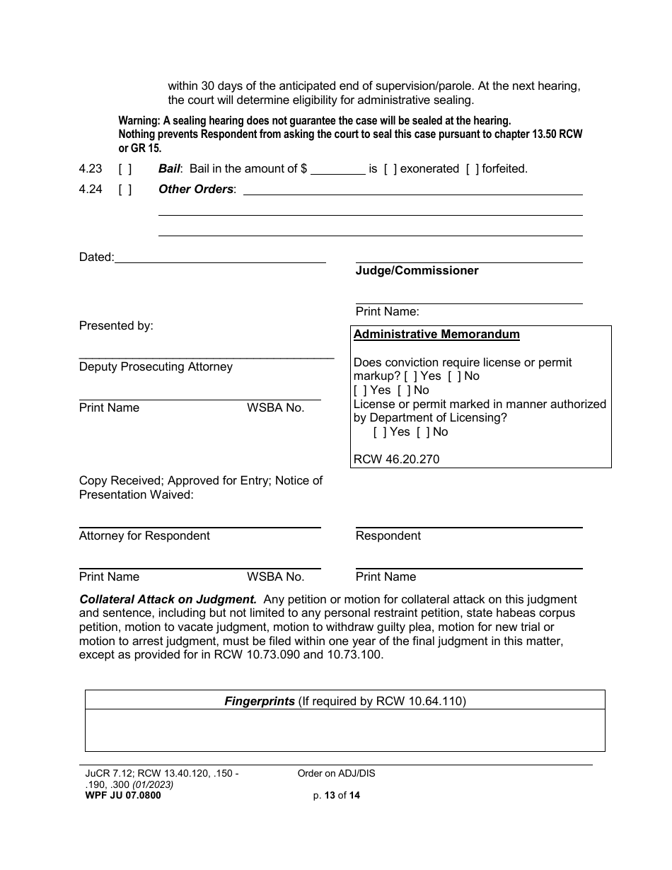 Form WPF JU07.0800 Order on Adjudication and Disposition - Washington, Page 13