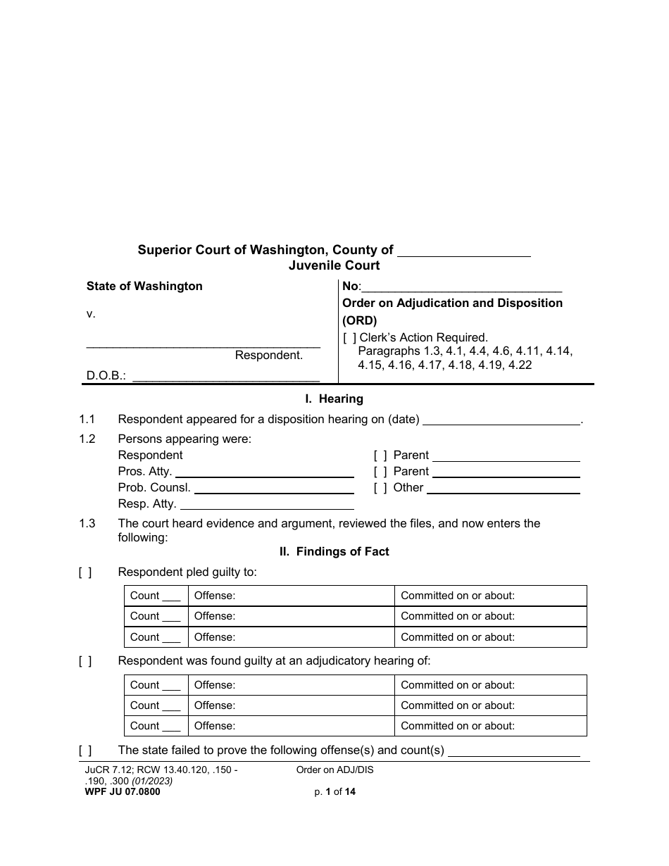 Form WPF JU07.0800 Order on Adjudication and Disposition - Washington, Page 1