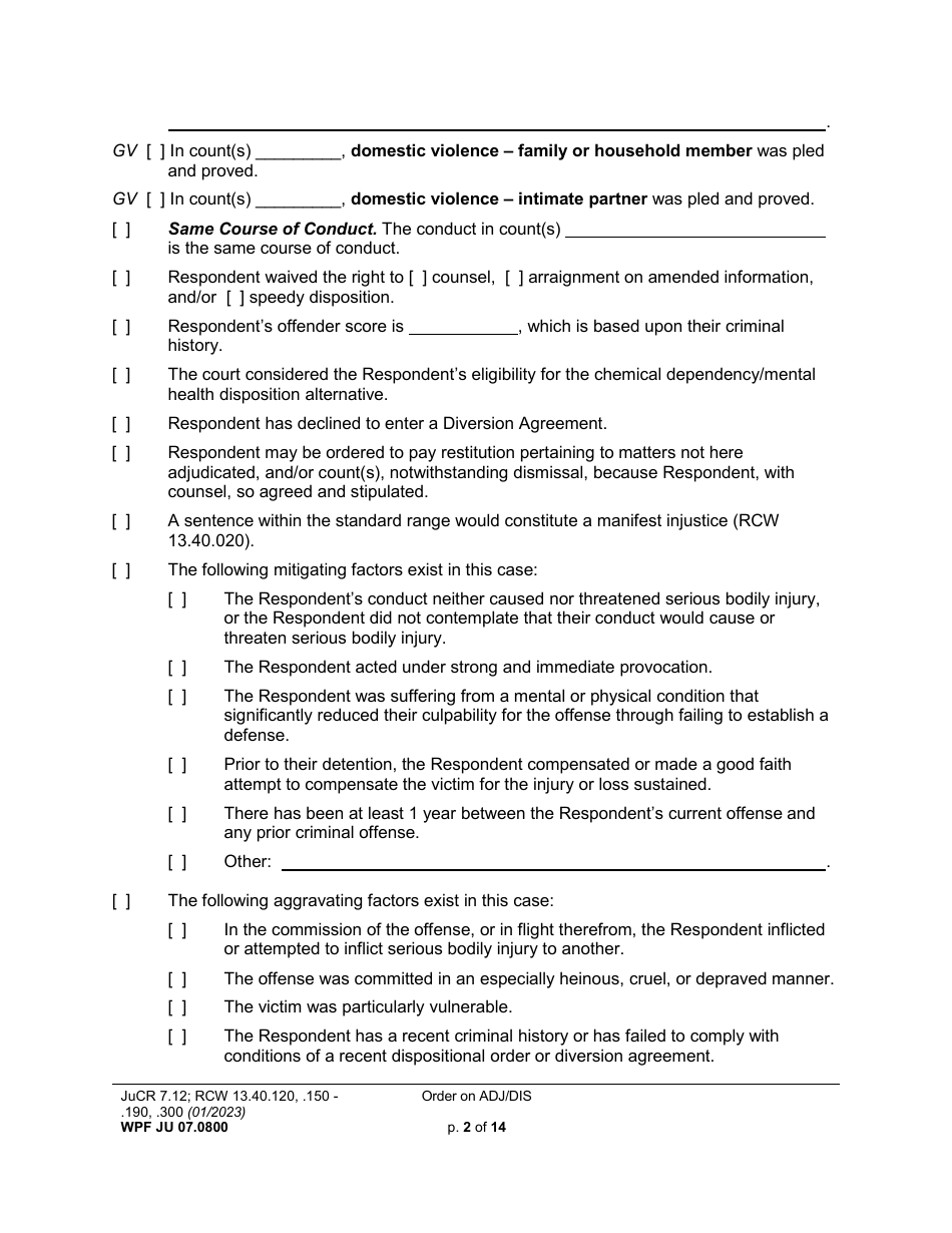 Form WPF JU07.0800 Order on Adjudication and Disposition - Washington, Page 2