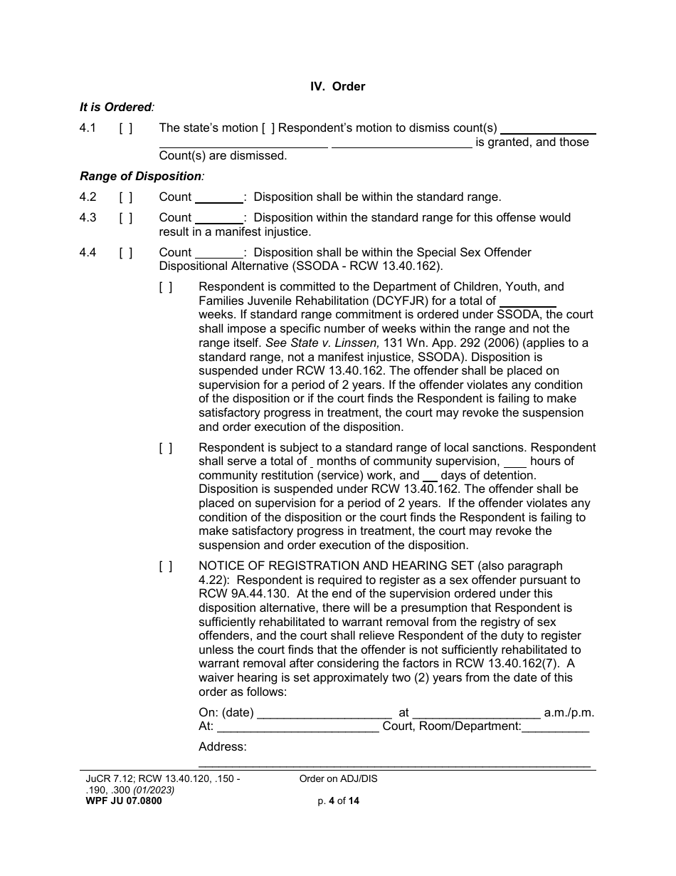 Form WPF JU07.0800 Order on Adjudication and Disposition - Washington, Page 4