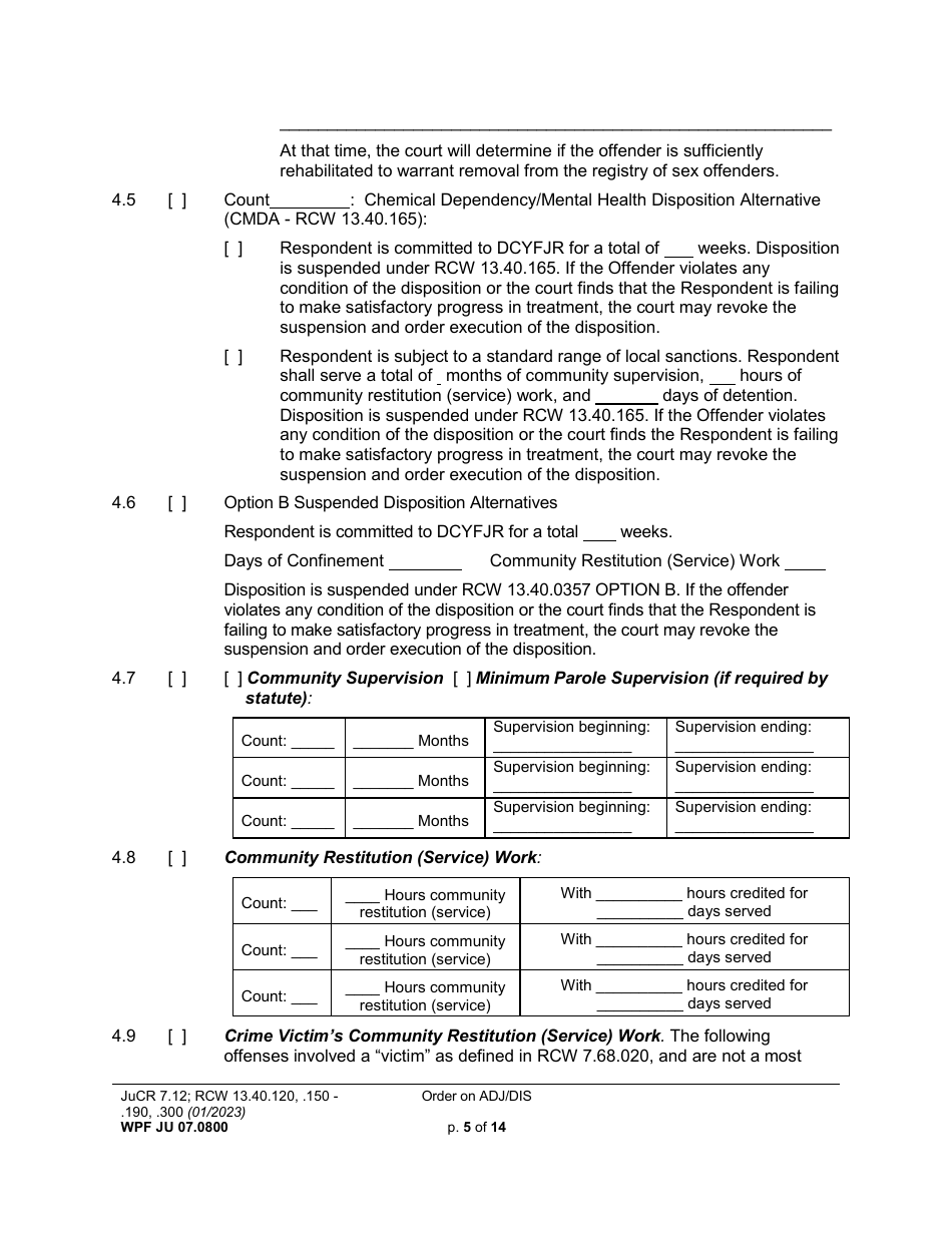 Form WPF JU07.0800 Order on Adjudication and Disposition - Washington, Page 5