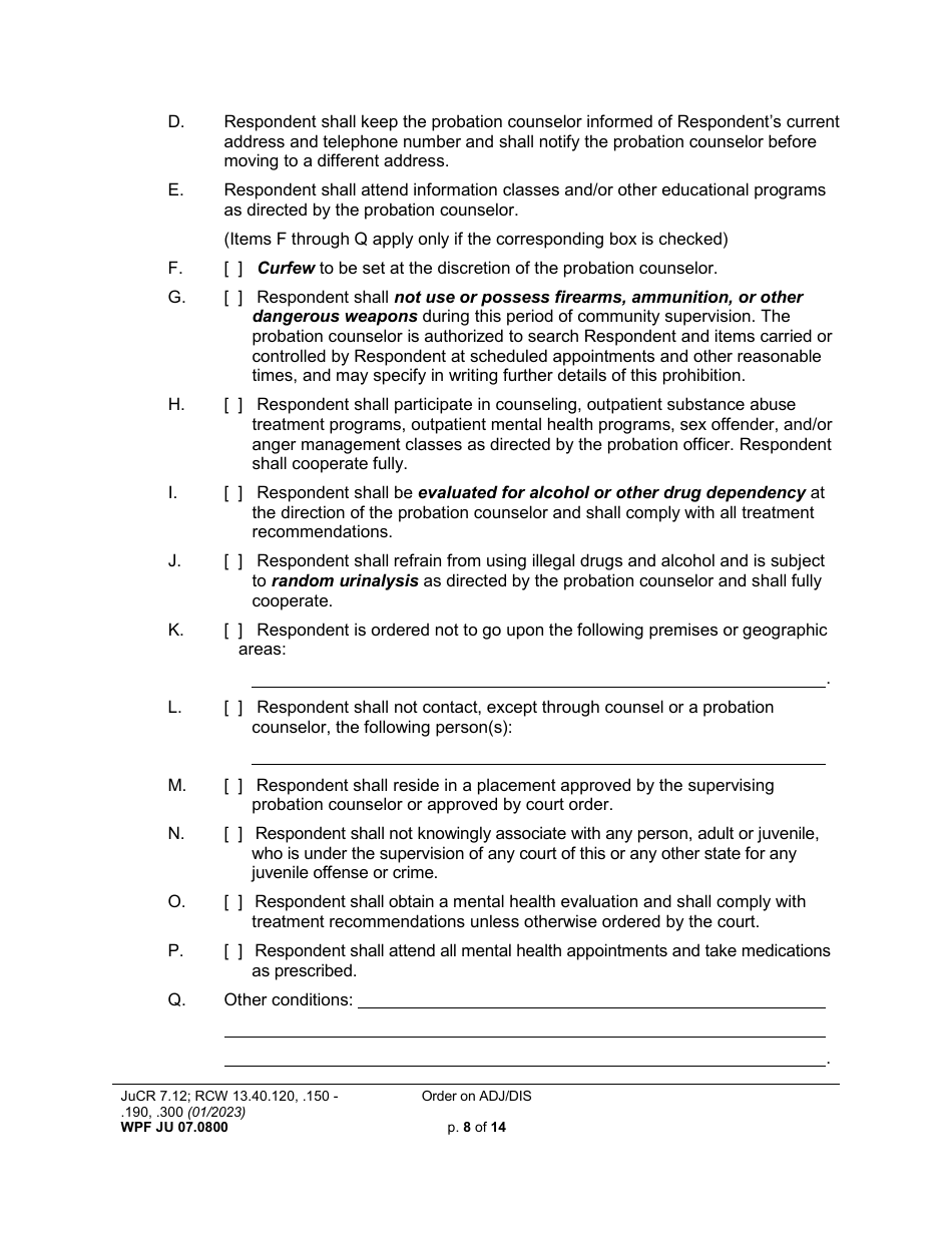 Form WPF JU07.0800 Order on Adjudication and Disposition - Washington, Page 8