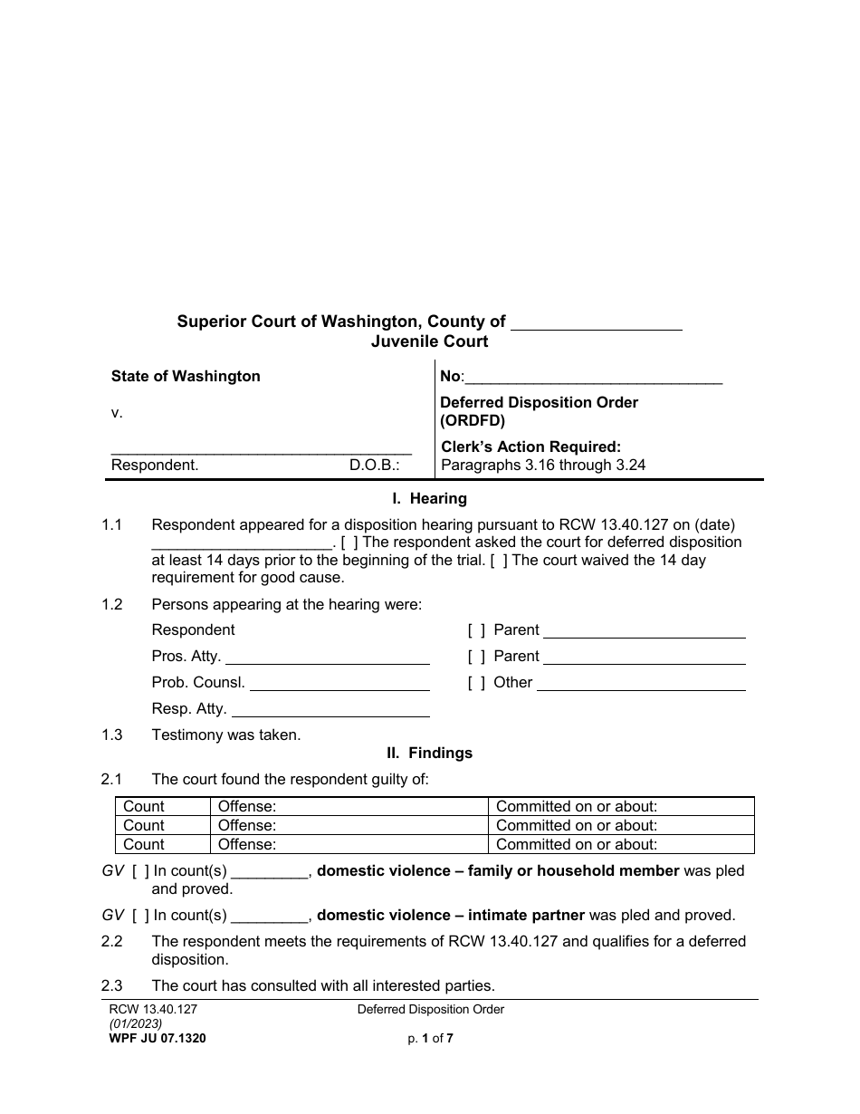 Form WPF JU07.1320 Deferred Disposition Order - Washington, Page 1