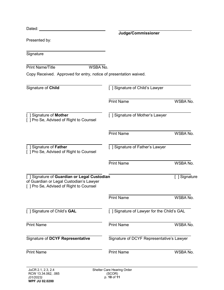 Form WPF JU02.0200 Shelter Care Hearing Order (Scor) - Washington, Page 10