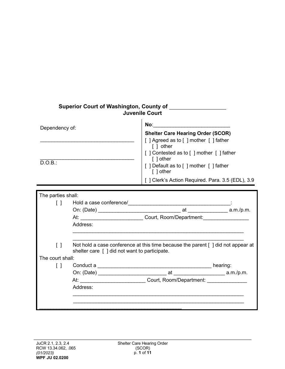 Form WPF JU02.0200 Shelter Care Hearing Order (Scor) - Washington, Page 1