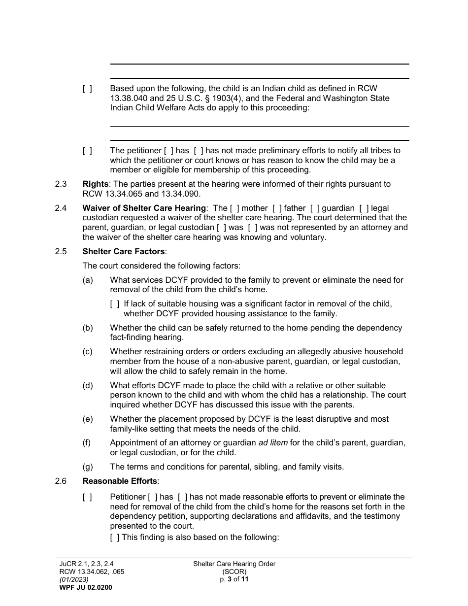 Form WPF JU02.0200 Shelter Care Hearing Order (Scor) - Washington, Page 3