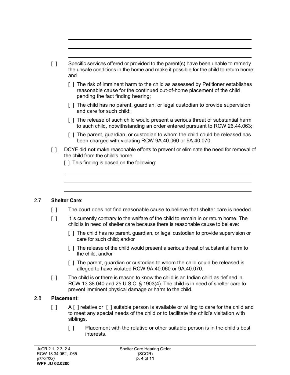 Form WPF JU02.0200 Shelter Care Hearing Order (Scor) - Washington, Page 4
